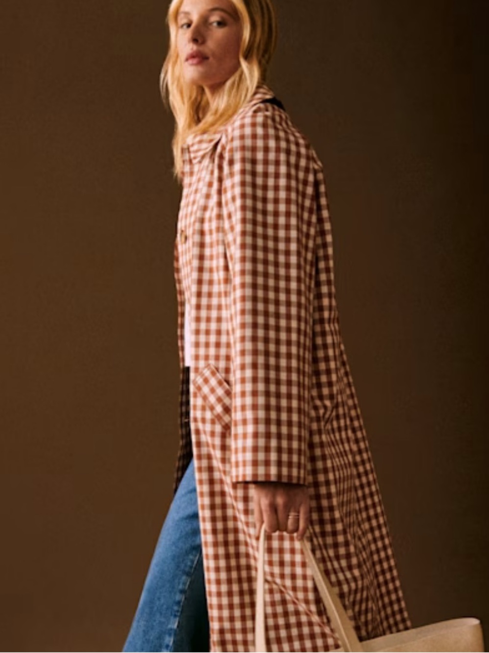 NWT SEZANE CLYDE COAT BROWN GINGHAM/ECRU
